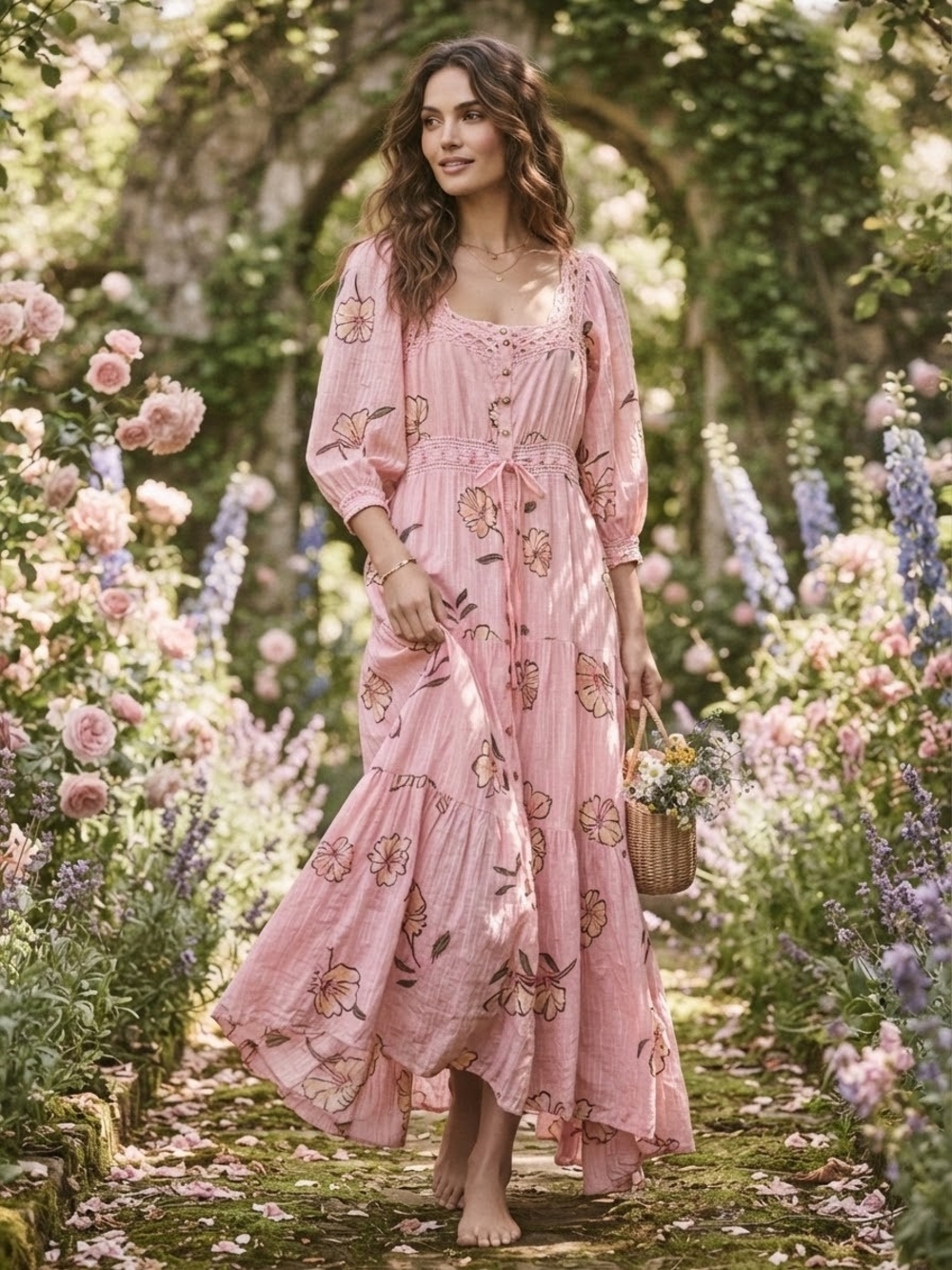 Free People Morning Meadows Pink Floral Crochet Maxi Dress XS